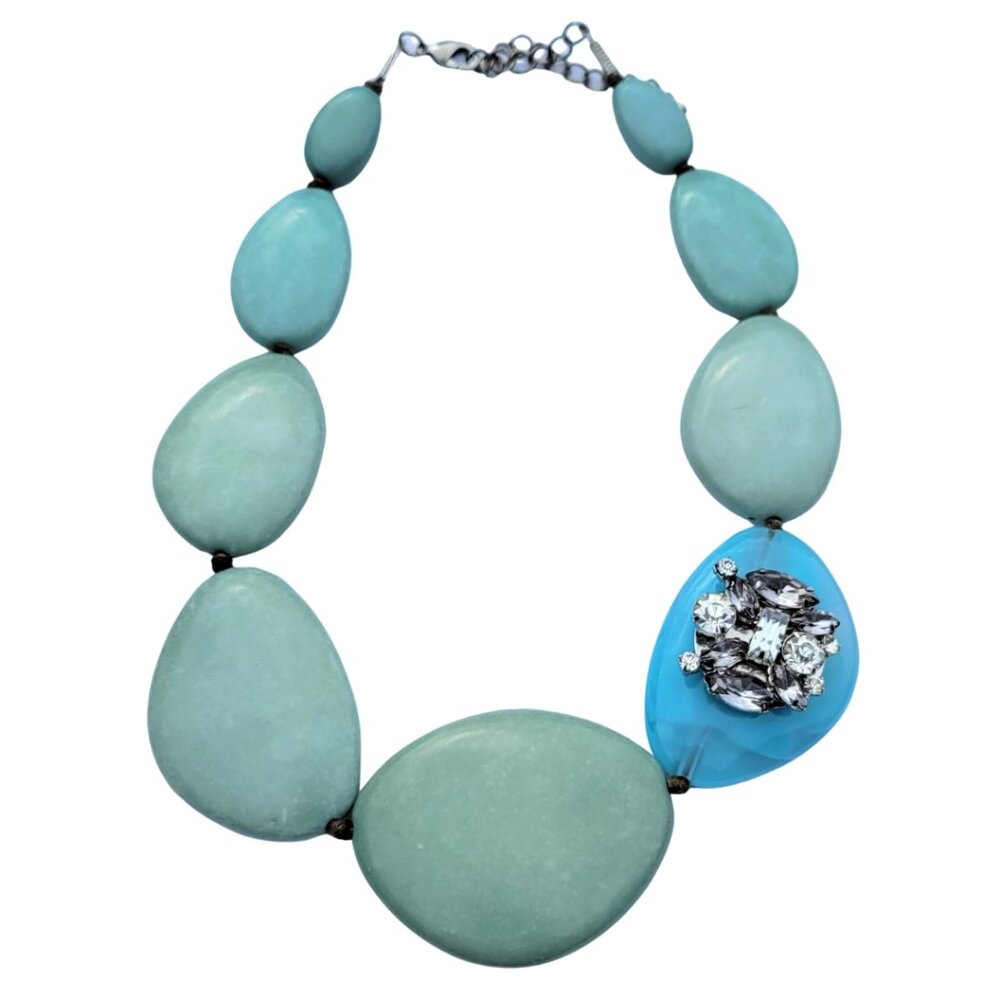 Chunky Bold Turquoise Statement Necklace with Rhinestone Accent